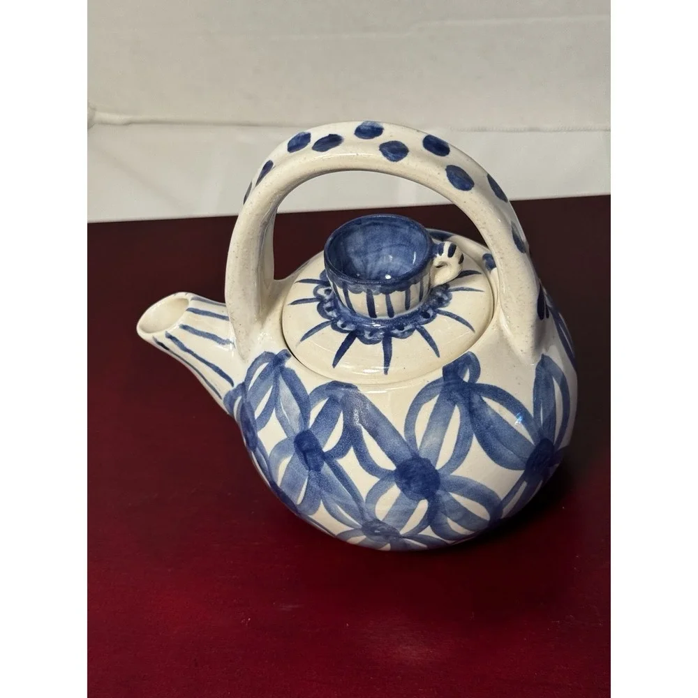Vintage Blue and White Tea Pot with Lid, Asian Design
